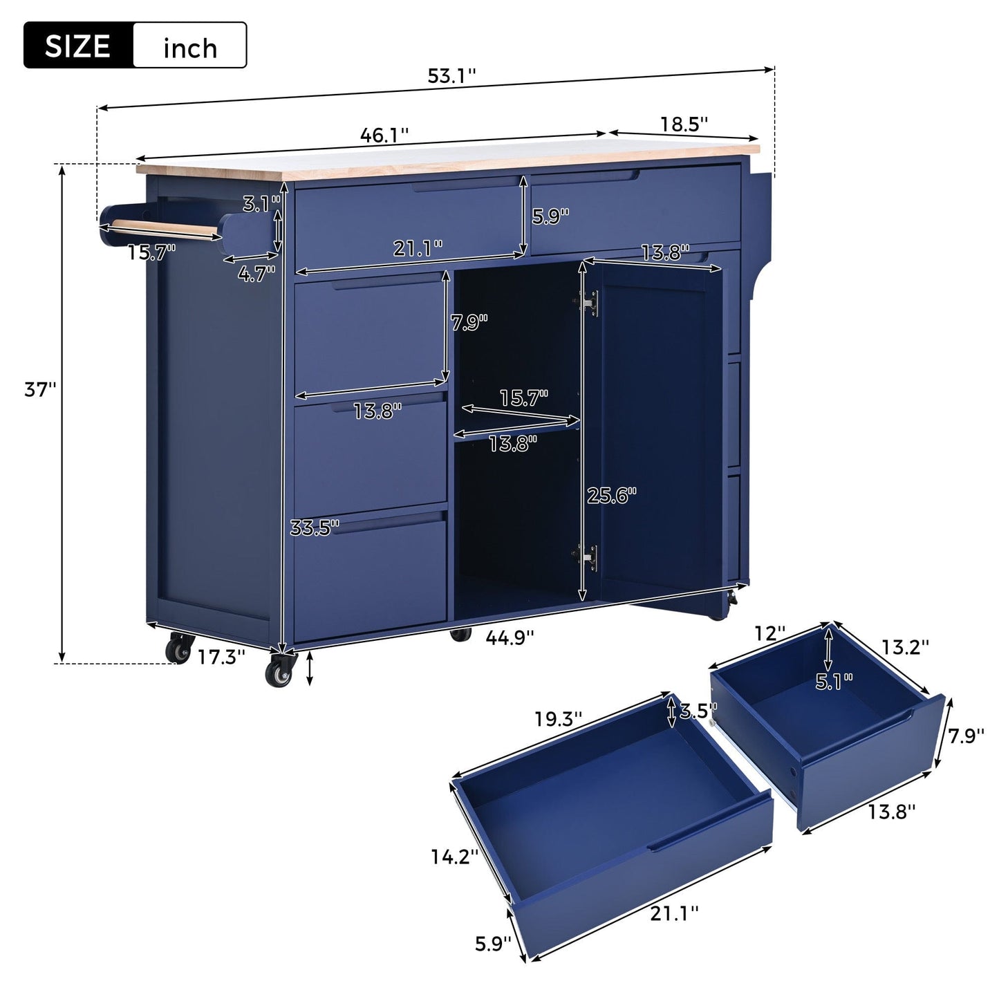 1st Choice Furniture Direct Kitchen Cart 1st Choice Versatile Kitchen Island with 8 Handle-Free Drawers