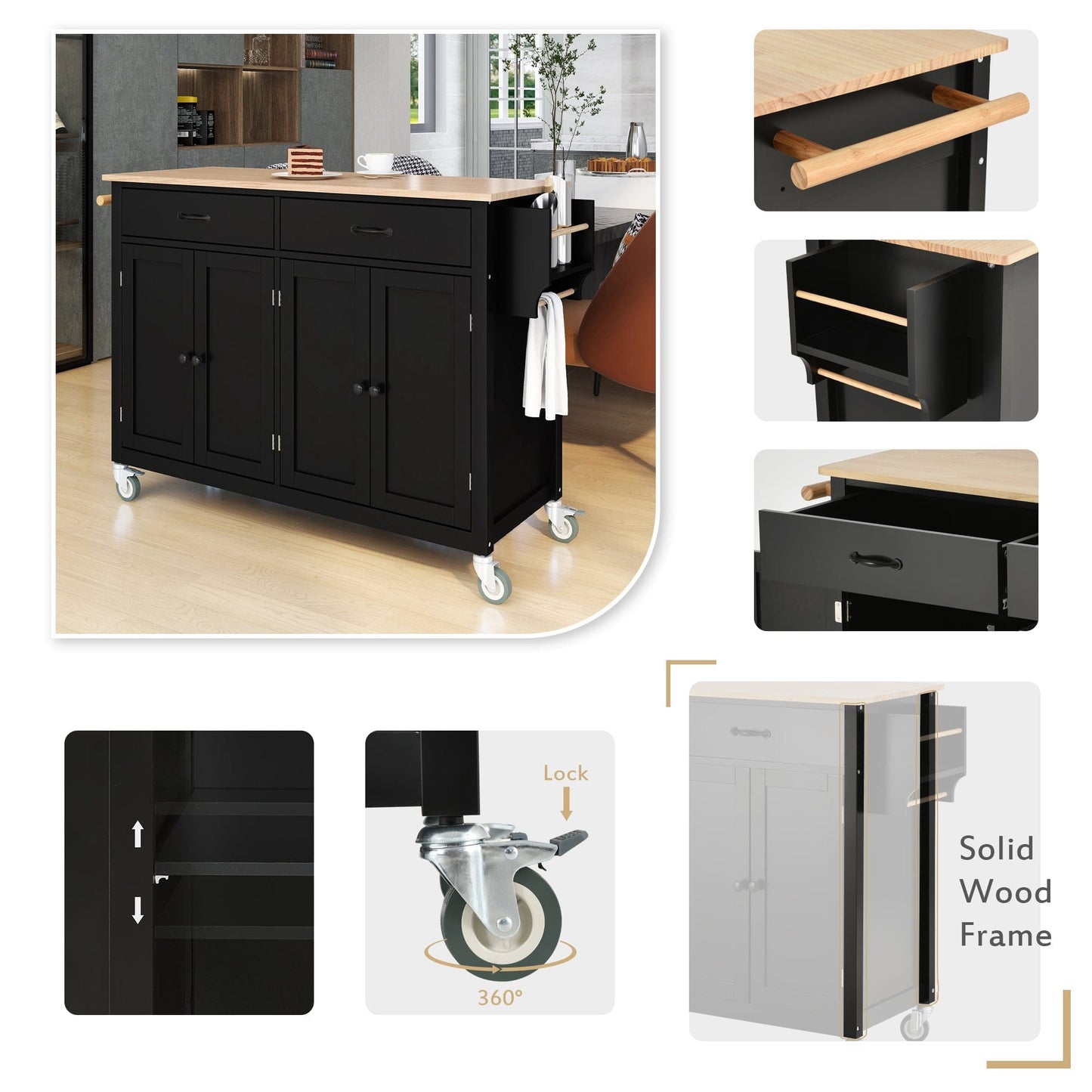 1st Choice Furniture Direct Kitchen Island Cart 1st Choice Black Kitchen Island Cart w/2 Drawers + Spice & Towel Racks