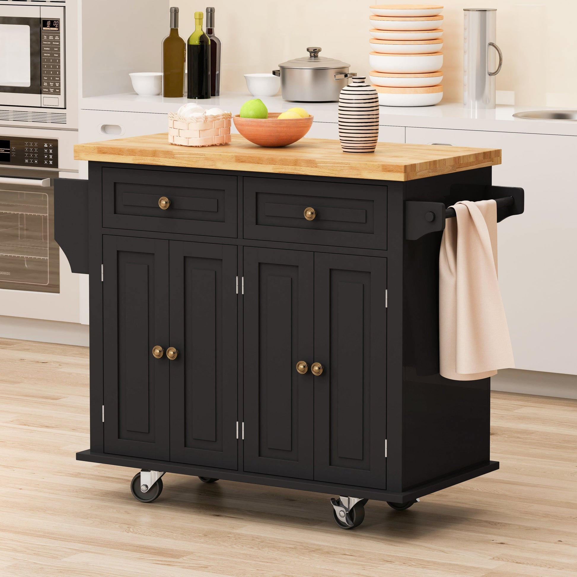 1st Choice Furniture Direct Kitchen Island Cart 1st Choice Black Kitchen Island Cart w/ Storage Cabinets, Spice Rack