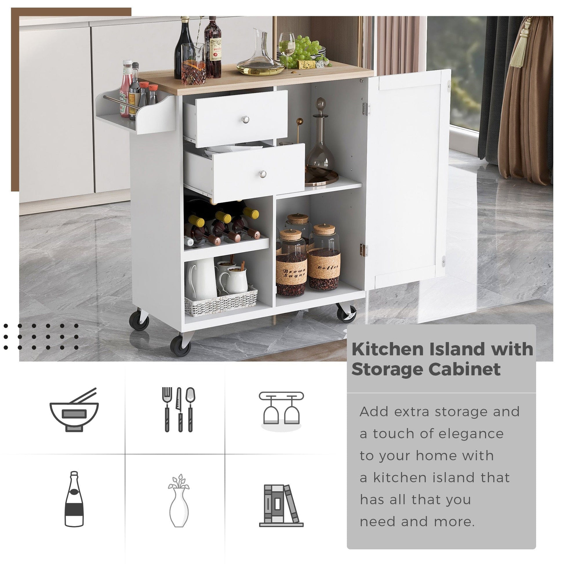 1st Choice Furniture Direct Kitchen Island Cart 1st Choice White Kitchen Island Cart w/Spice Rack, Towel Rack & Drawer