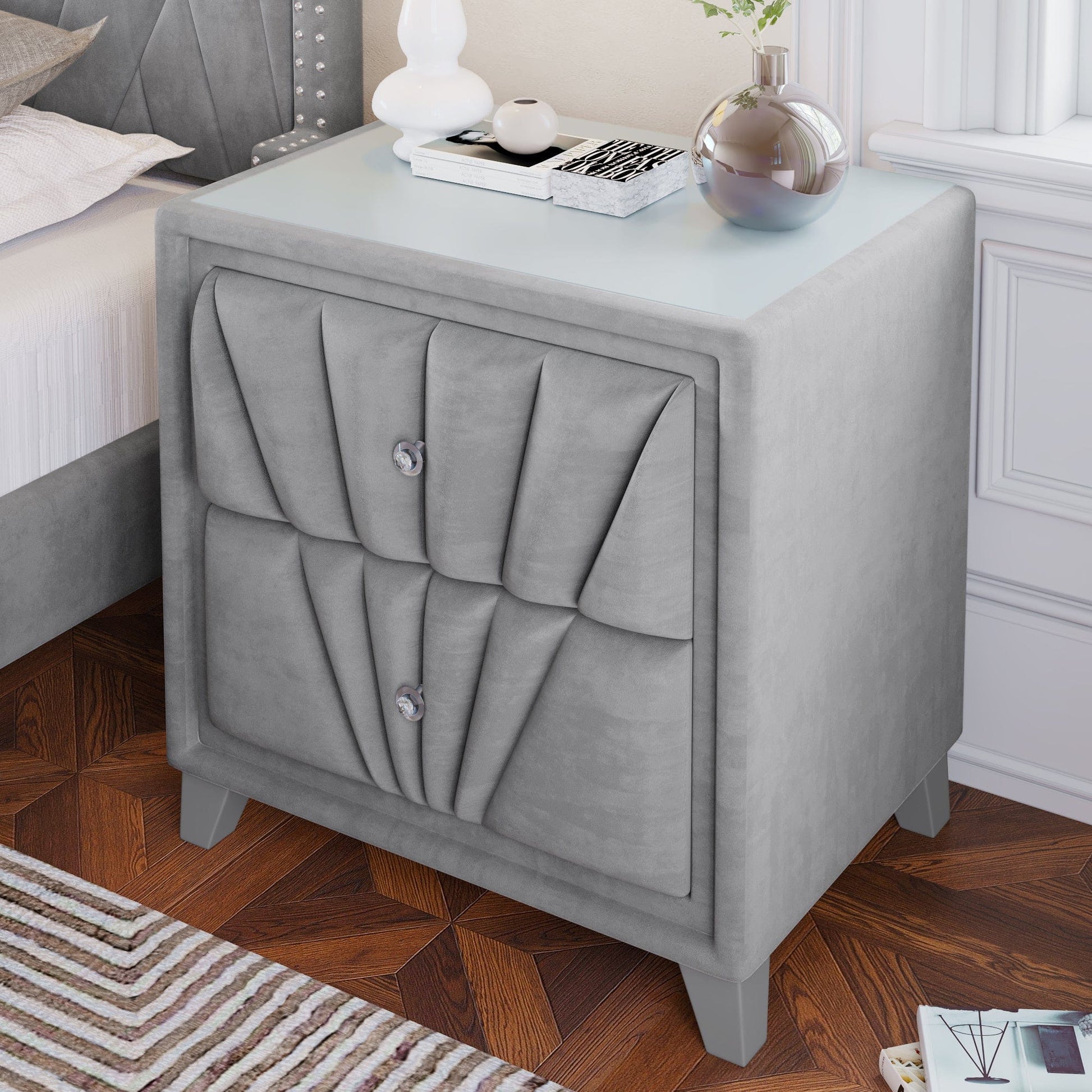 1st Choice Furniture Direct Luxurious Velvet Upholstered Glass Top Nightstand | Gray Solid Wood