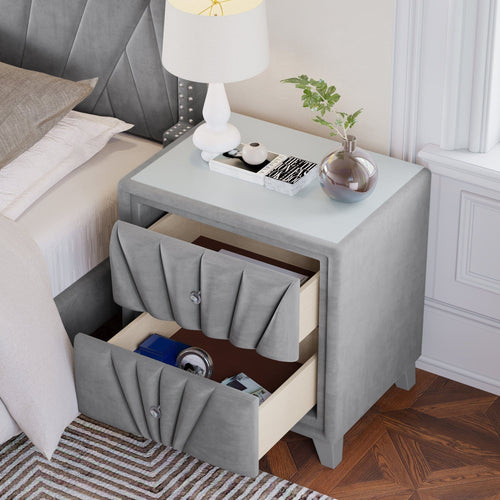 1st Choice Furniture Direct Luxurious Velvet Upholstered Glass Top Nightstand | Gray Solid Wood
