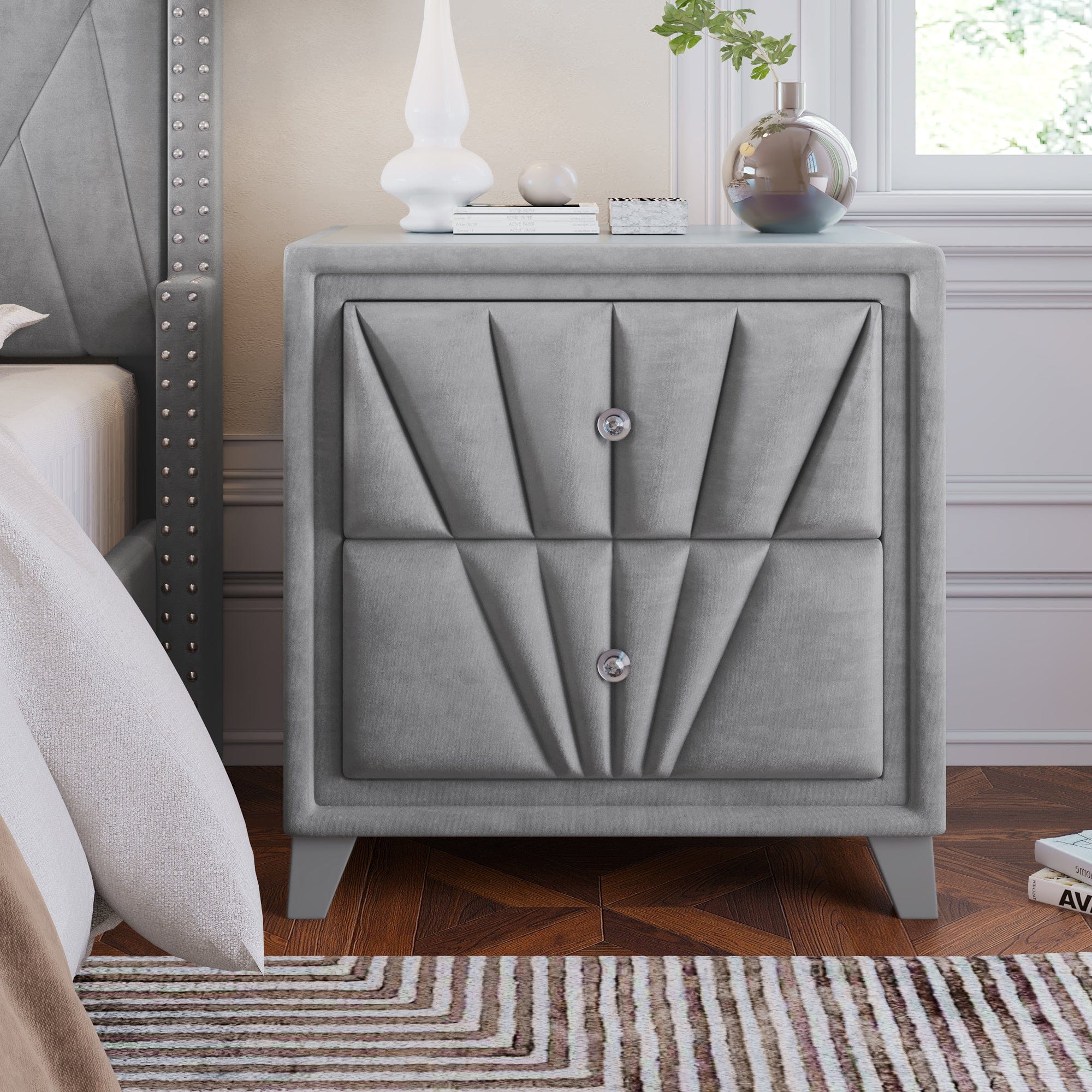 Luxurious Velvet Upholstered Glass Top Nightstand Gray Solid Wood 1st Choice Furniture Direct