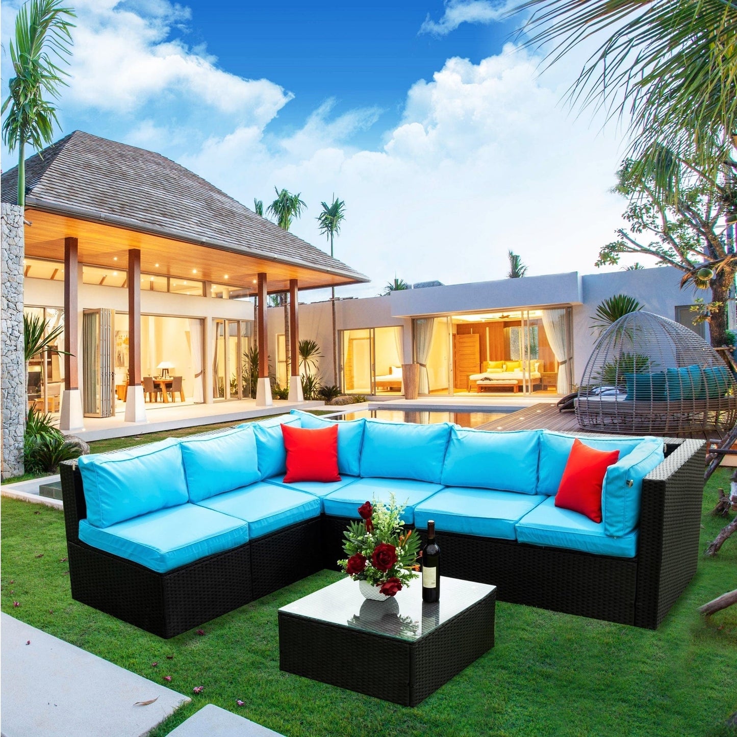 1st Choice Furniture Direct Patio Sectional & 2 Ottomans (2 Pillows) 1st Choice Patio 5 Pieces Outdoor Furniture Set with PE Rattan Cushion