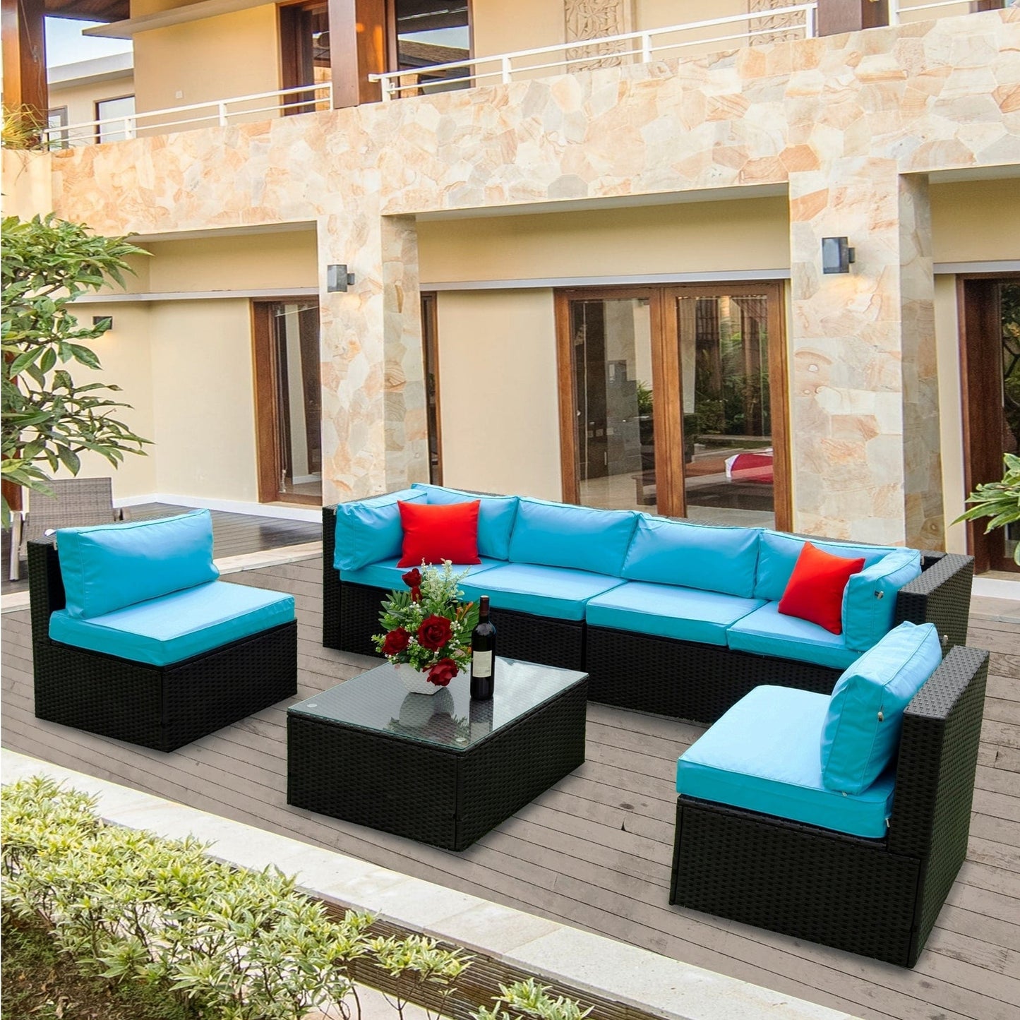 1st Choice Furniture Direct Patio Sectional & 2 Ottomans (2 Pillows) 1st Choice Patio 5 Pieces Outdoor Furniture Set with PE Rattan Cushion