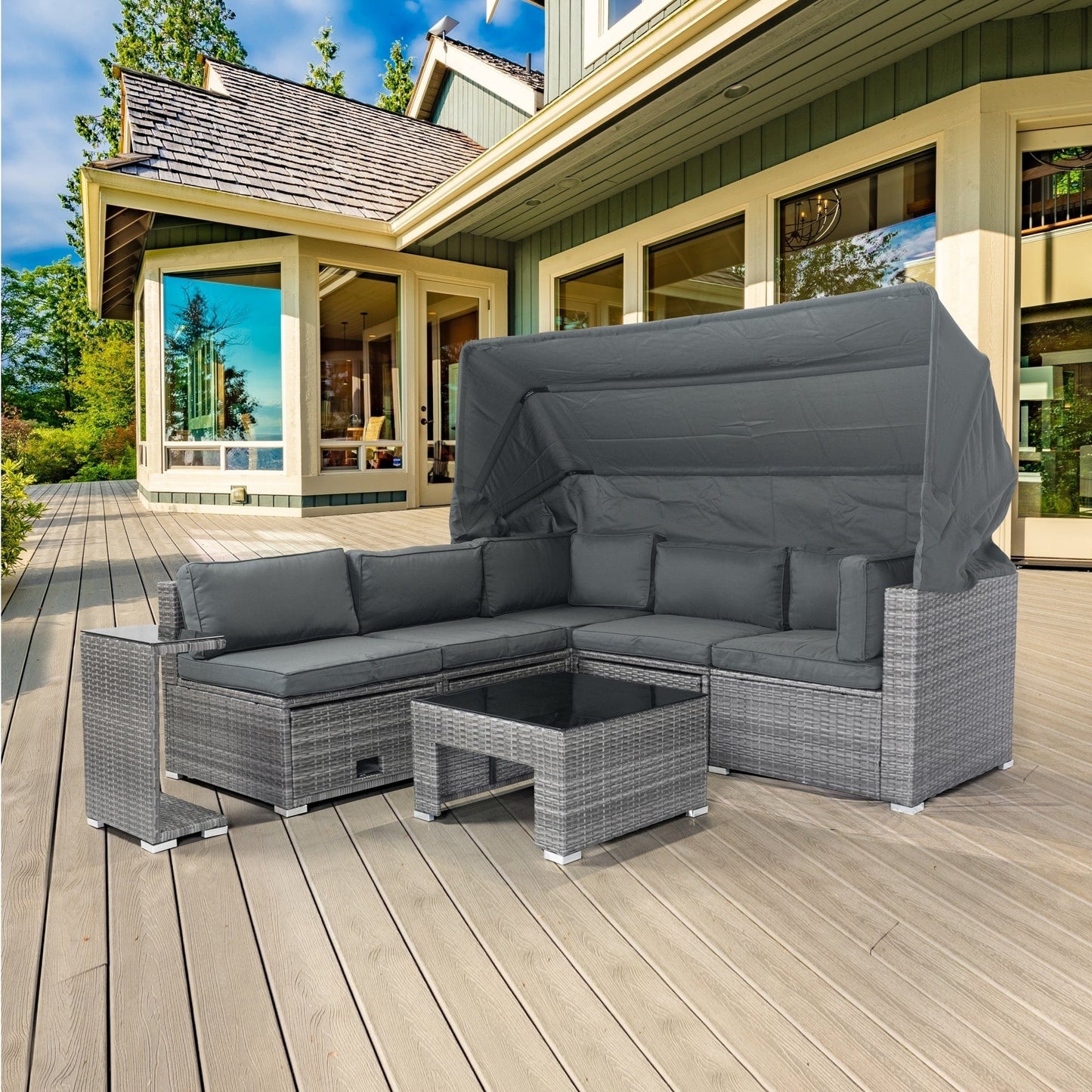 1st Choice Furniture Direct Patio Set 1st Choice 7-Piece Wicker Rattan Patio Furniture Set with Canopy