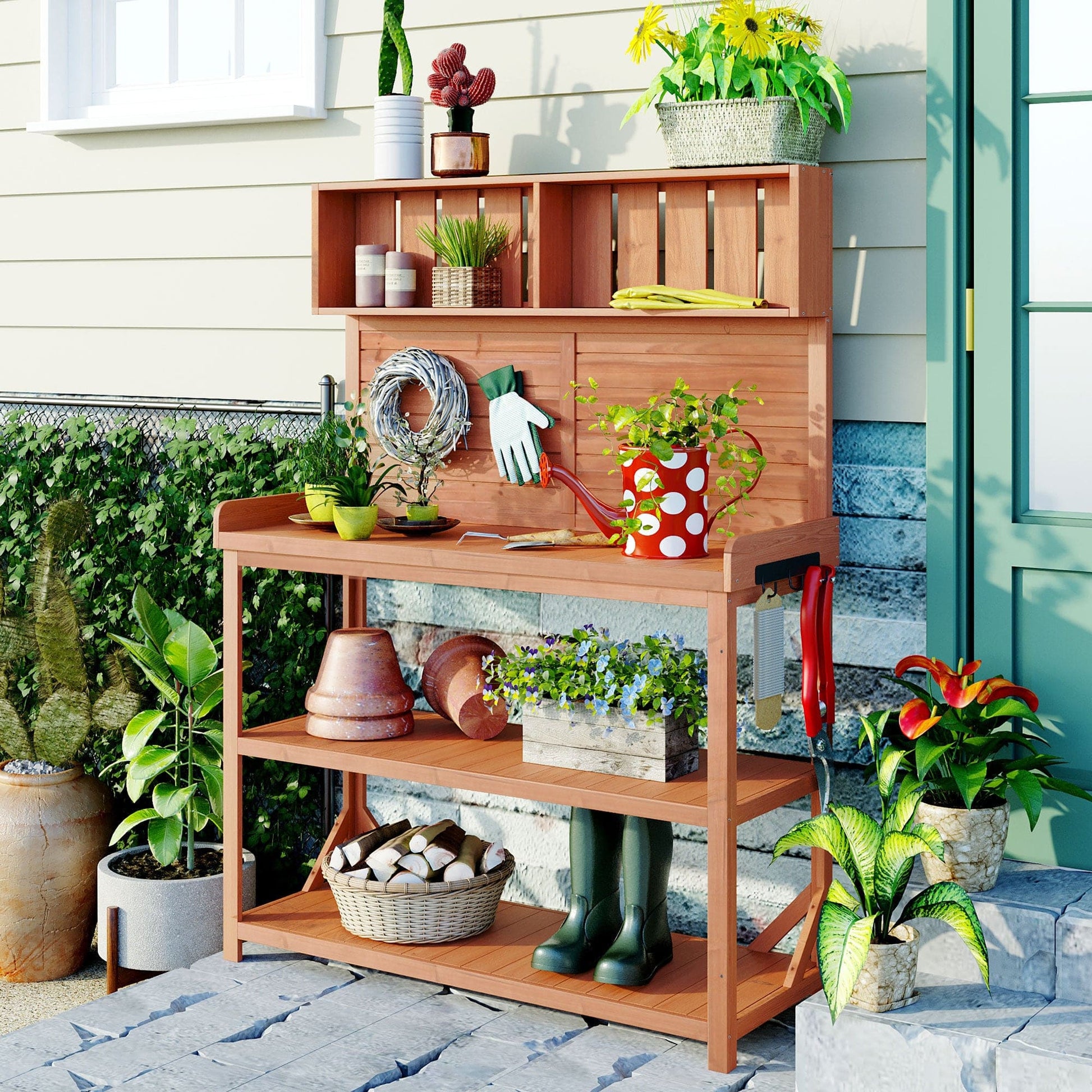 1st Choice Furniture Direct Potting Bench 1st Choice 65" Wooden Garden Potting Bench w/ 4 Shelves and Side Hook