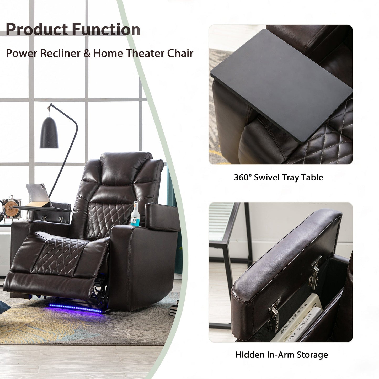 1st Choice Furniture Direct Power Motion Recliner 1st Choice Home Theater Recliner with 360° Tray and Cup Holders