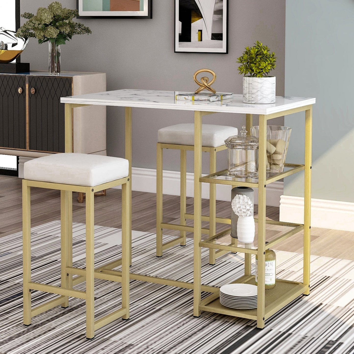 1st Choice Furniture Direct Pub Table Set 1st Choice White/Gold Elegant 3-Piece Pub Set w/ Countertop and Stools