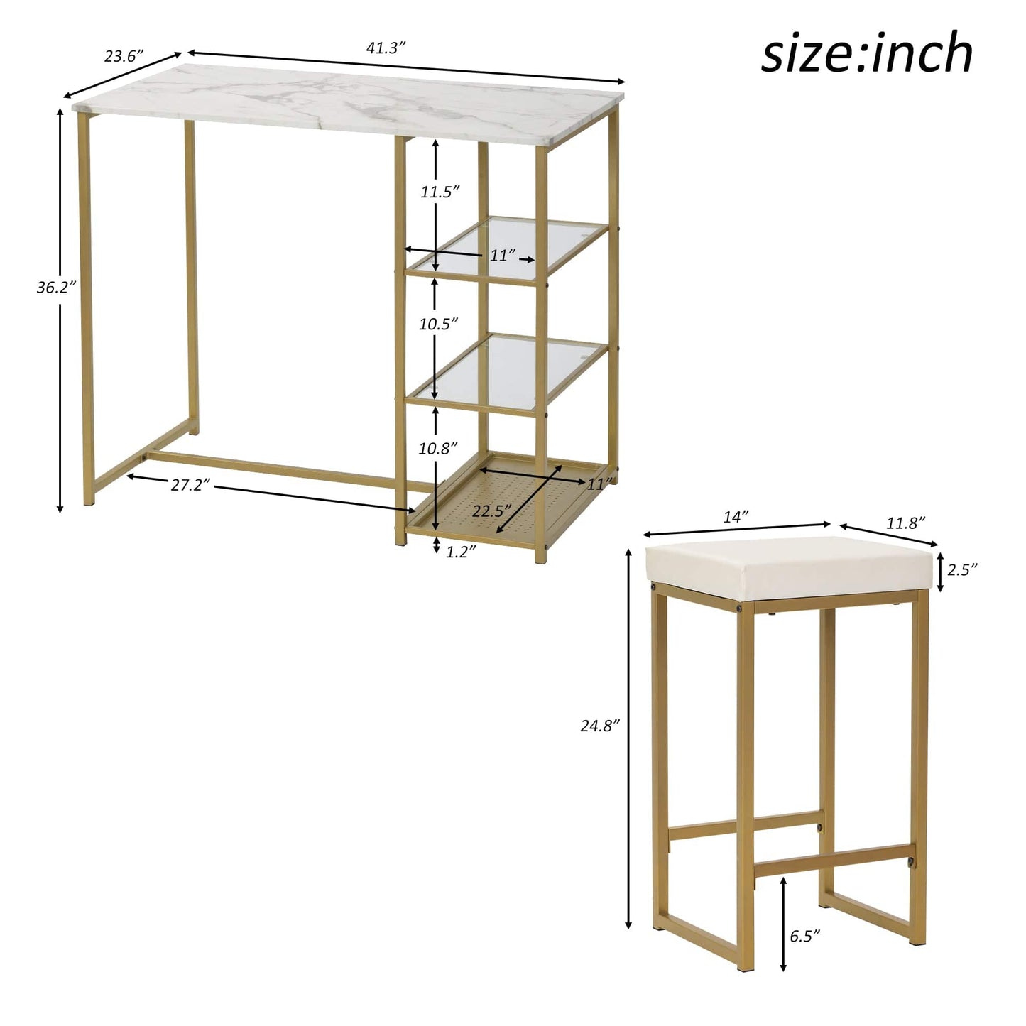 1st Choice Furniture Direct Pub Table Set 1st Choice White/Gold Elegant 3-Piece Pub Set w/ Countertop and Stools