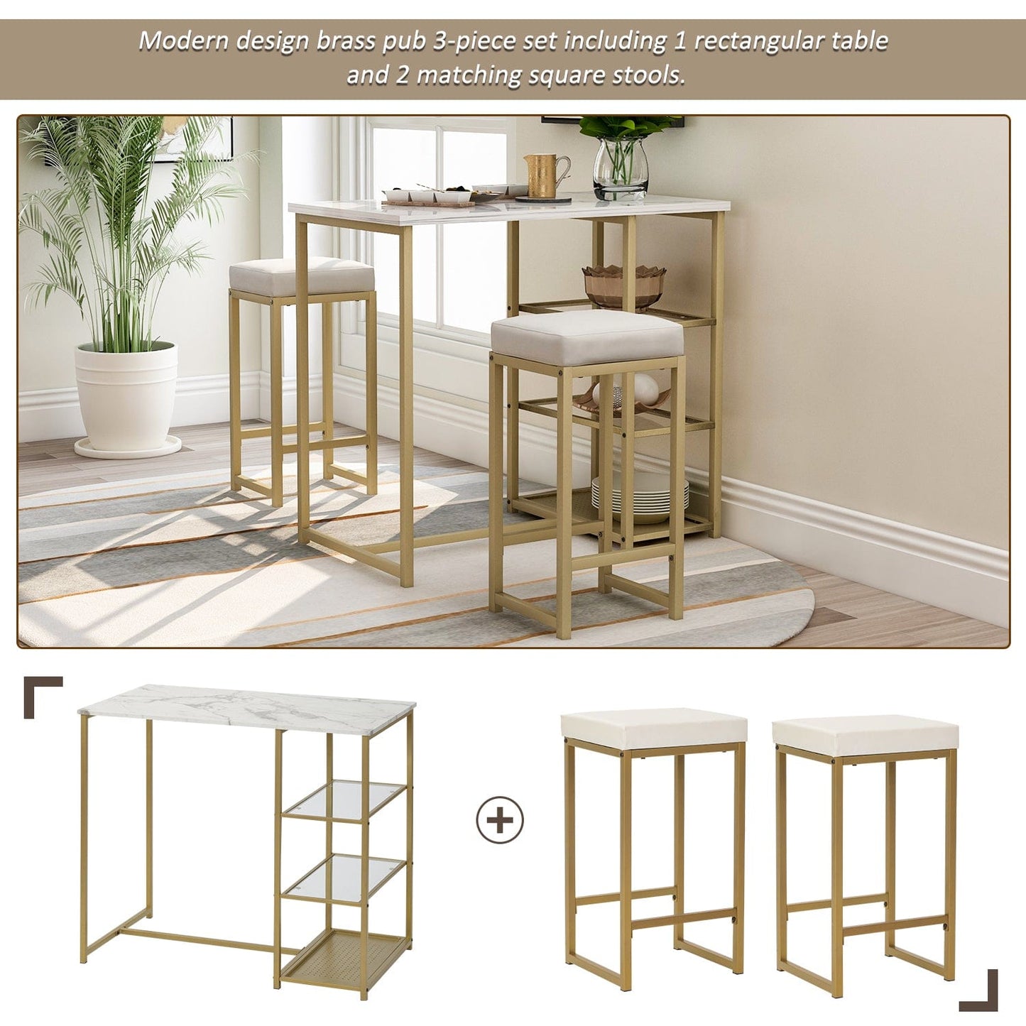 1st Choice Furniture Direct Pub Table Set 1st Choice White/Gold Elegant 3-Piece Pub Set w/ Countertop and Stools