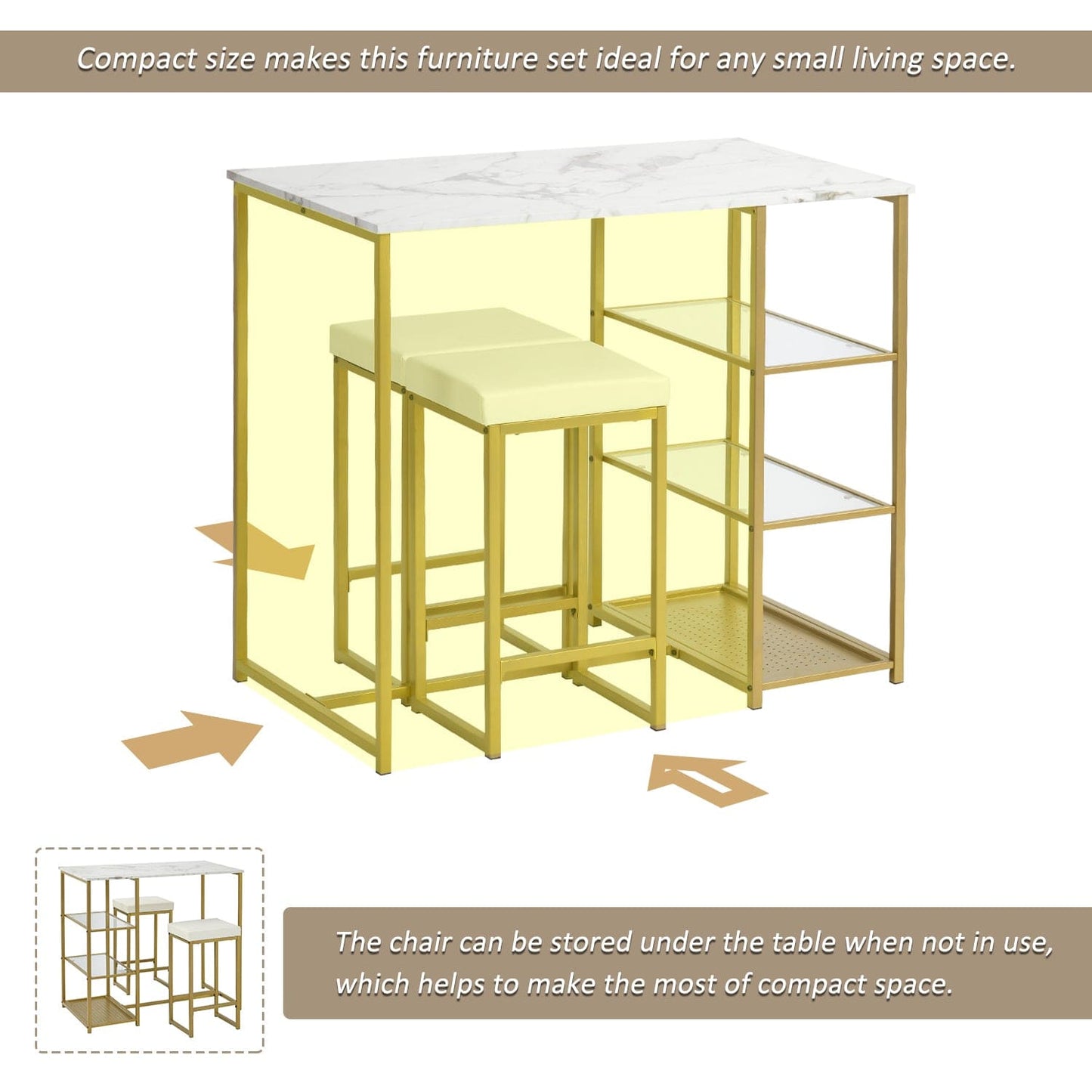 1st Choice Furniture Direct Pub Table Set 1st Choice White/Gold Elegant 3-Piece Pub Set w/ Countertop and Stools