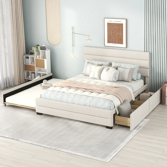 1st Choice Furniture Direct Queen Bed 1st Choice Beige Queen Platform Bed with Trundle and 2 Drawers