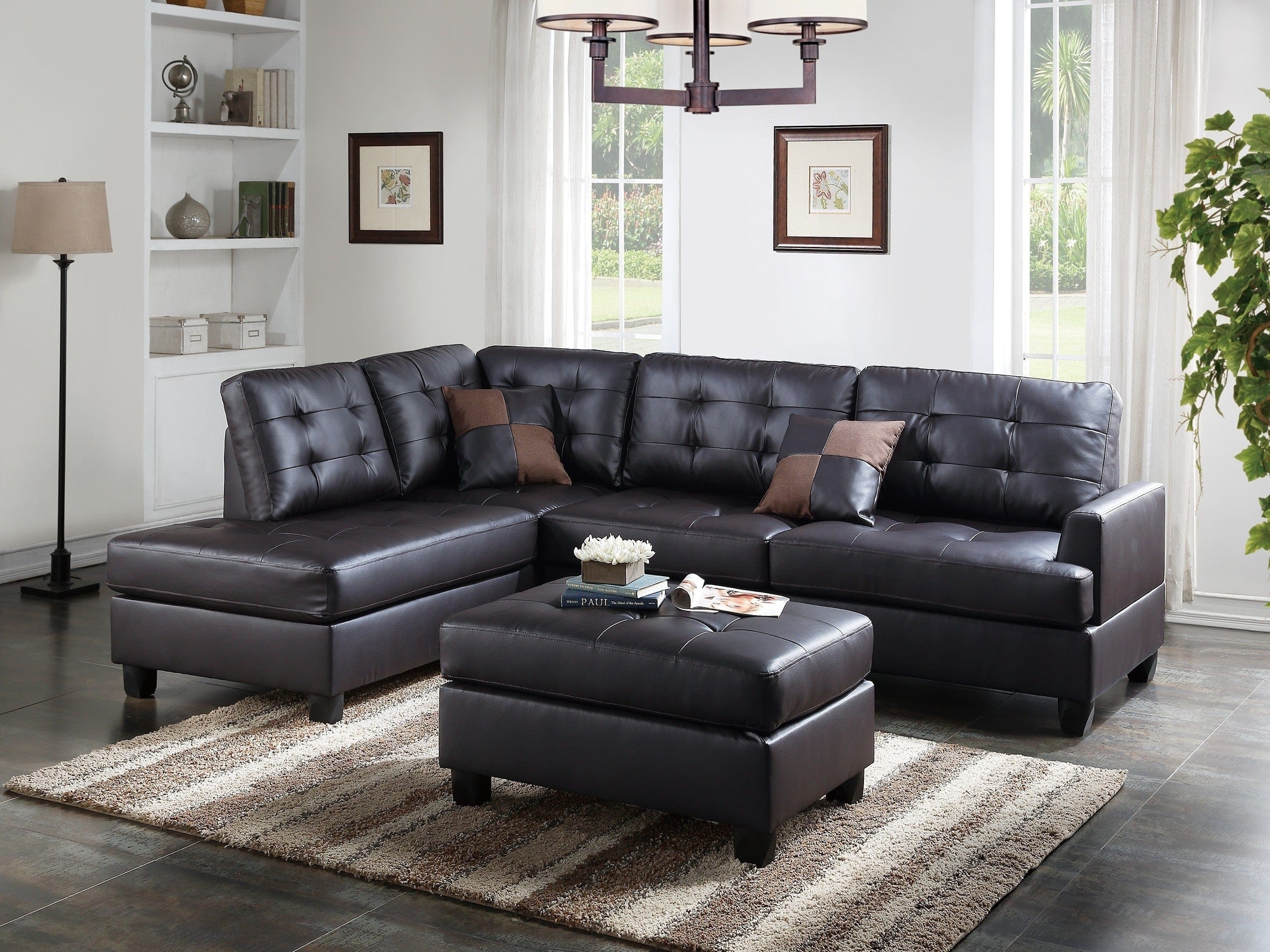 Espresso faux leather sectional set pull store out bed sofa chaise family couch