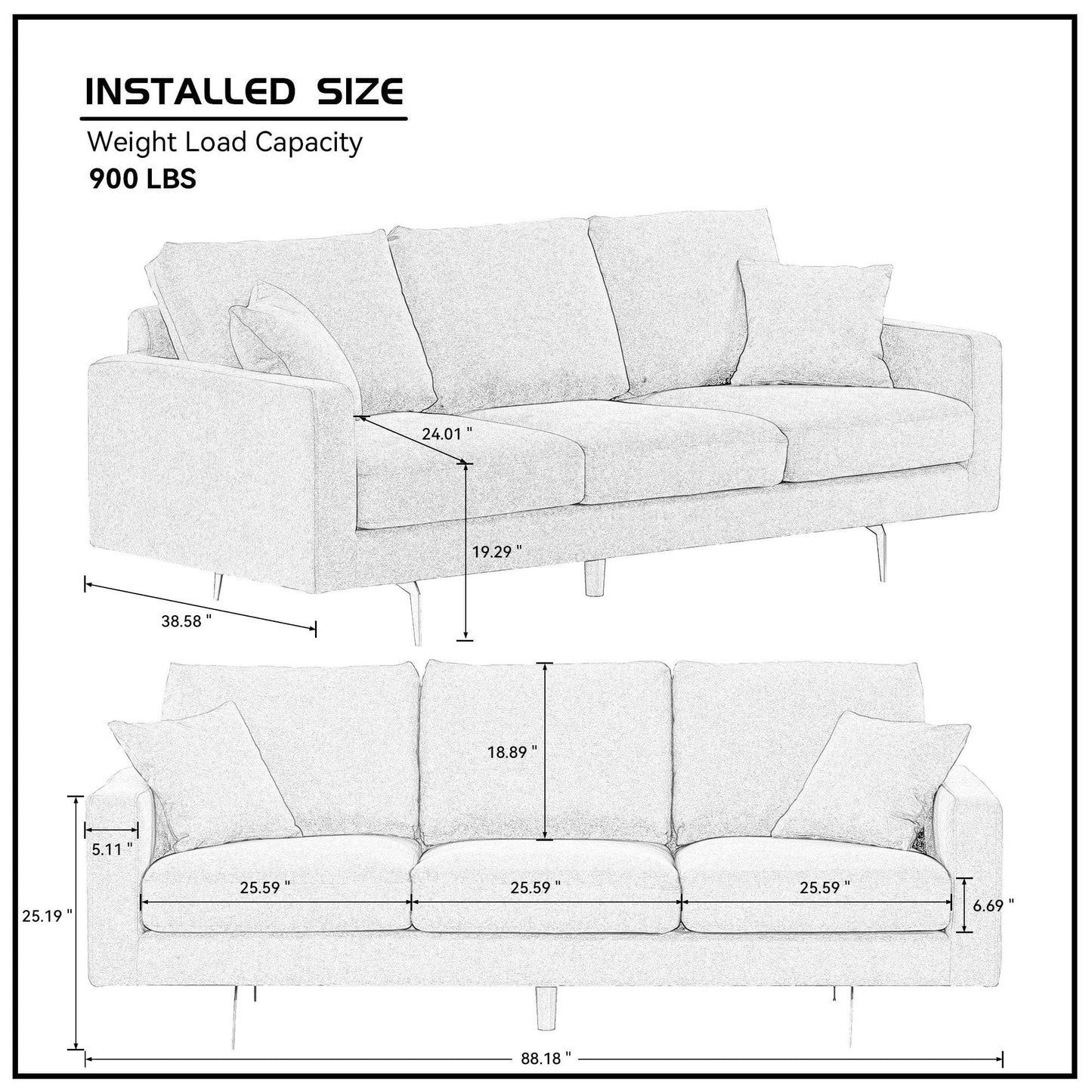 1st Choice Furniture Direct Sofa 1s Choice Contemporary Grey Three-Seat Sofa with Two Pillows