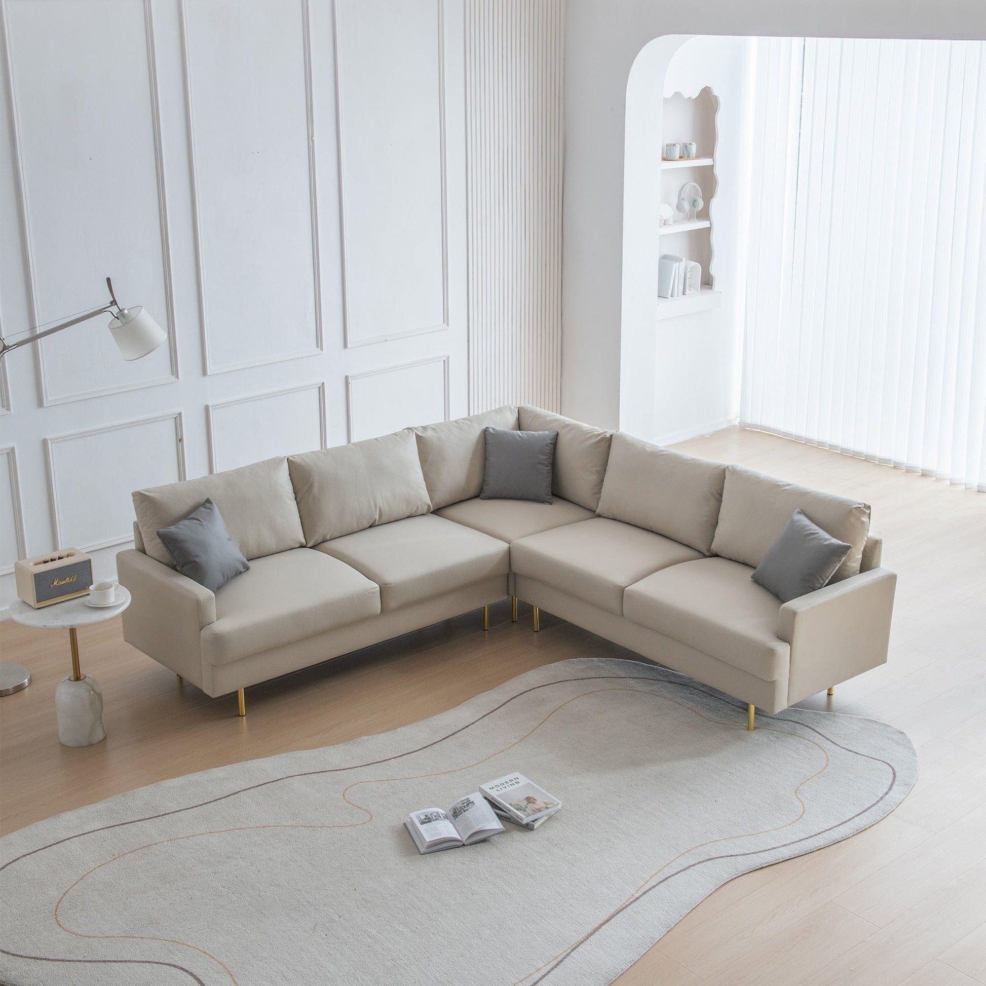 1st Choice Furniture Direct Sofa 1st Choice L-Shaped Corner leather Sofa w/Pillows in Beige Finish