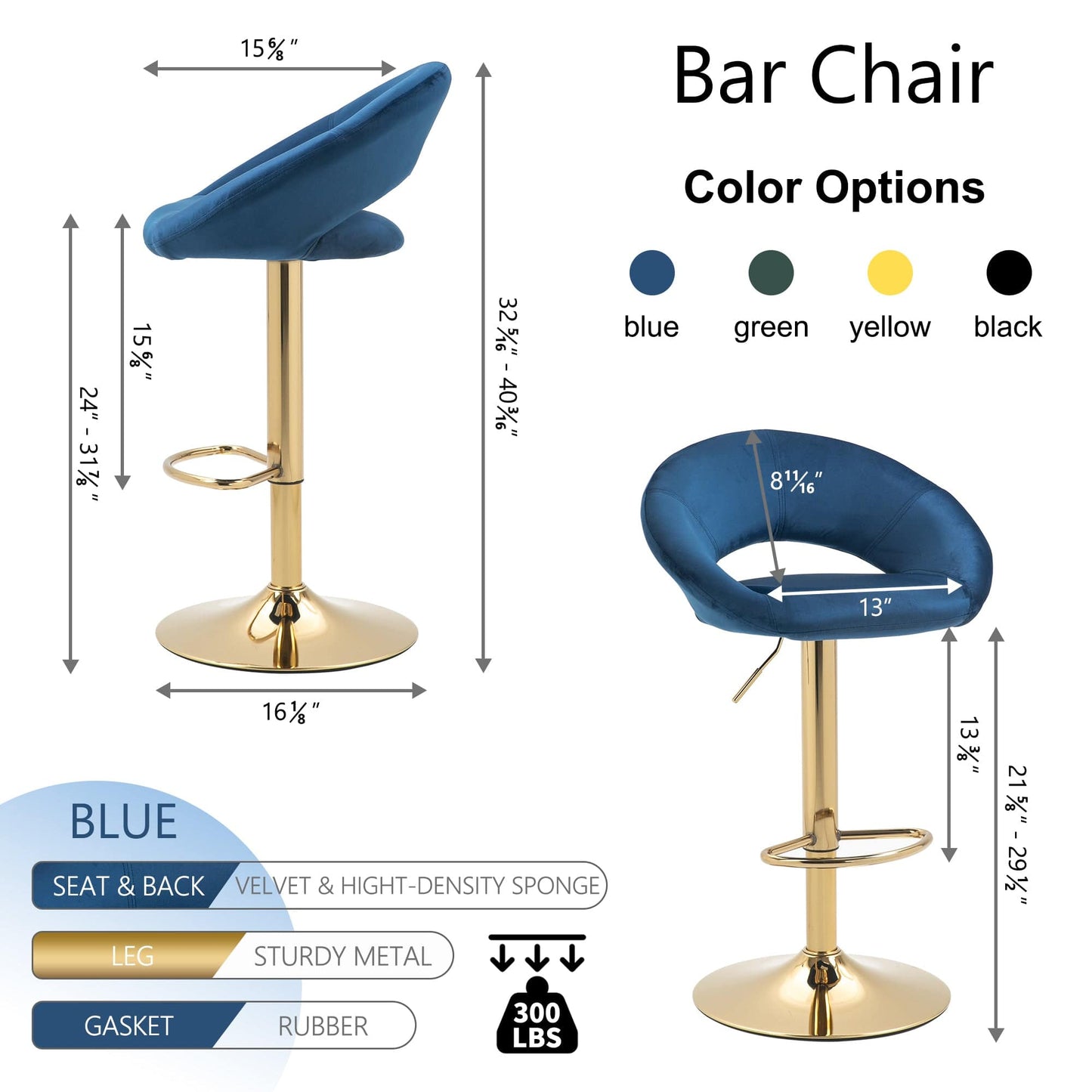 1st Choice Furniture Direct Swivel Bar Stool 1st Choice Modern Dark Blue Velvet Adjustable Counter Height Chair