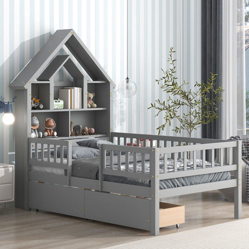 1st Choice Furniture Direct Twin Bed 1st Choice Gray Twin Size House-Shaped Headboard Bed with Drawers