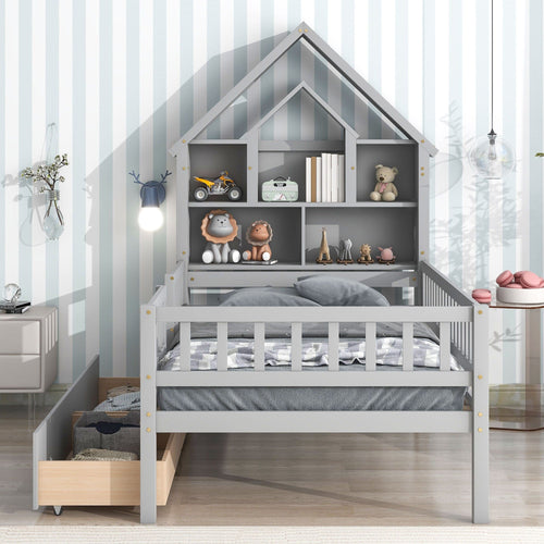 1st Choice Furniture Direct Twin Bed 1st Choice Gray Twin Size House-Shaped Headboard Bed with Drawers