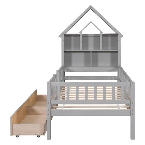 1st Choice Furniture Direct Twin Bed 1st Choice Gray Twin Size House-Shaped Headboard Bed with Drawers