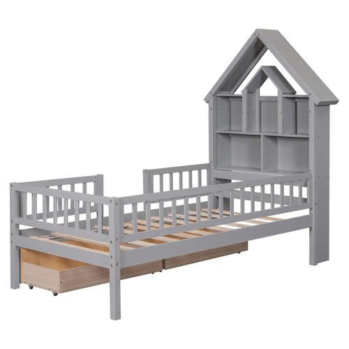 1st Choice Furniture Direct Twin Bed 1st Choice Gray Twin Size House-Shaped Headboard Bed with Drawers