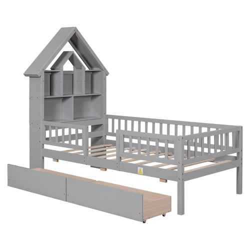 1st Choice Furniture Direct Twin Bed 1st Choice Gray Twin Size House-Shaped Headboard Bed with Drawers