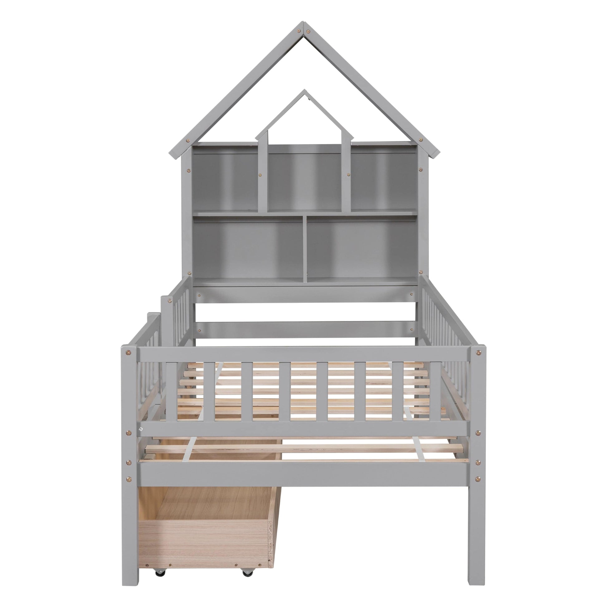 1st Choice Furniture Direct Twin Bed 1st Choice Gray Twin Size House-Shaped Headboard Bed with Drawers