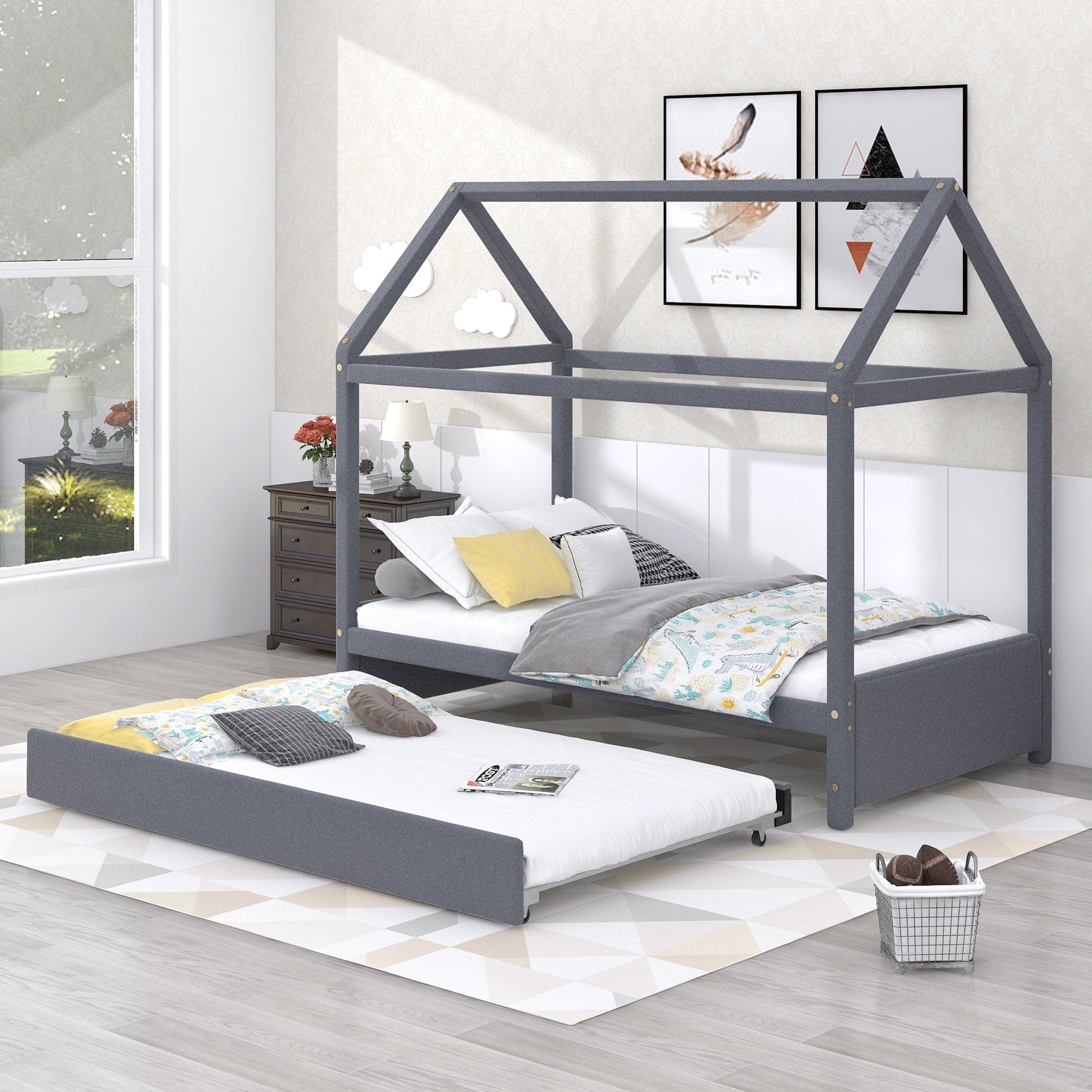 1st Choice Furniture Direct Twin Bed 1st Choice Twin Size Grey Upholstered House Bed with Trundle