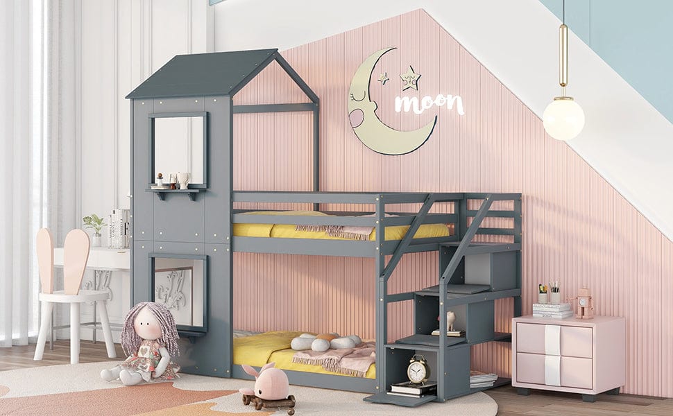 1st Choice Furniture Direct Twin Bunk Bed 1st Choice Twin Wood Bunk Bed with Storage Stairs, Roof & Ladder