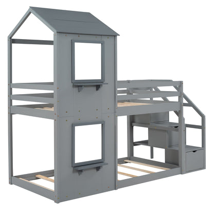 1st Choice Furniture Direct Twin Bunk Bed 1st Choice Twin Wood Bunk Bed with Storage Stairs, Roof & Ladder