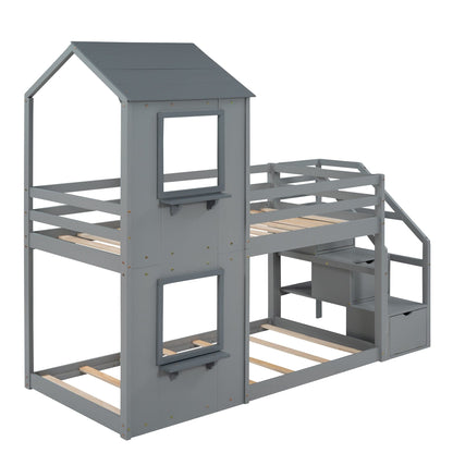 1st Choice Furniture Direct Twin Bunk Bed 1st Choice Twin Wood Bunk Bed with Storage Stairs, Roof & Ladder