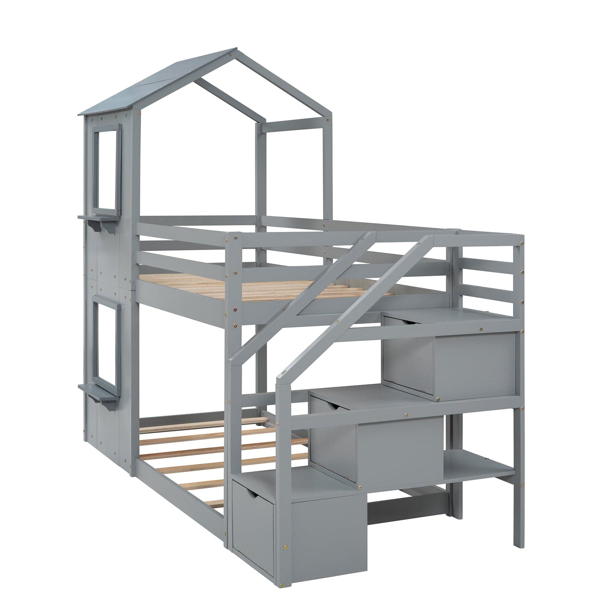 1st Choice Furniture Direct Twin Bunk Bed 1st Choice Twin Wood Bunk Bed with Storage Stairs, Roof & Ladder