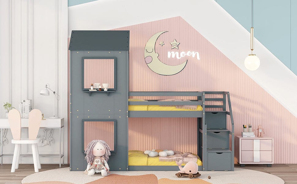 1st Choice Furniture Direct Twin Bunk Bed 1st Choice Twin Wood Bunk Bed with Storage Stairs, Roof & Ladder