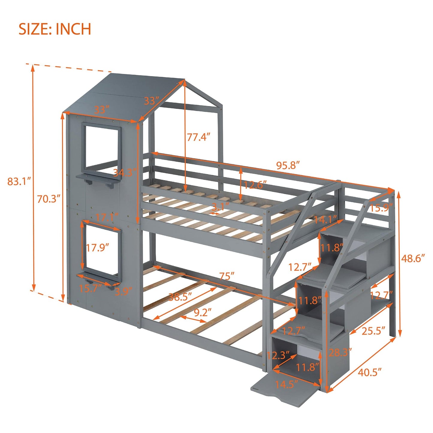 1st Choice Furniture Direct Twin Bunk Bed 1st Choice Twin Wood Bunk Bed with Storage Stairs, Roof & Ladder