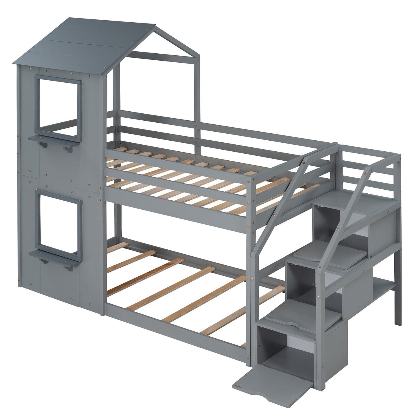 1st Choice Furniture Direct Twin Bunk Bed 1st Choice Twin Wood Bunk Bed with Storage Stairs, Roof & Ladder