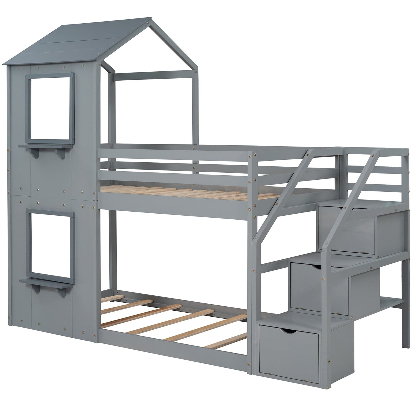 1st Choice Furniture Direct Twin Bunk Bed 1st Choice Twin Wood Bunk Bed with Storage Stairs, Roof & Ladder