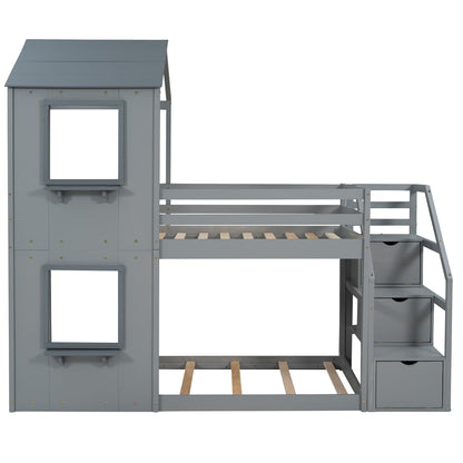 1st Choice Furniture Direct Twin Bunk Bed 1st Choice Twin Wood Bunk Bed with Storage Stairs, Roof & Ladder