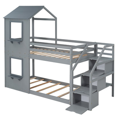 1st Choice Furniture Direct Twin Bunk Bed 1st Choice Twin Wood Bunk Bed with Storage Stairs, Roof & Ladder