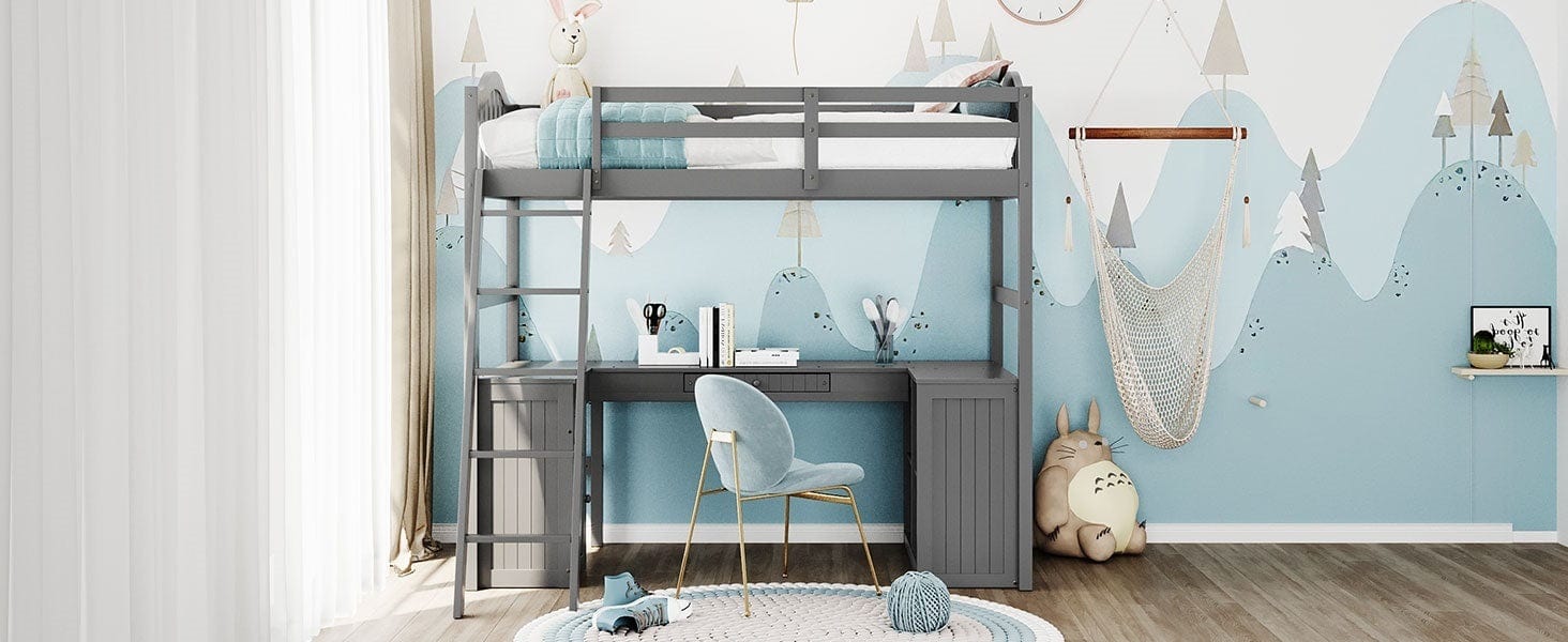 1st Choice Furniture Direct Twin Loft Bed 1st Choice Gray Twin Loft Bed with Built-in Desk, Drawers & Cabinet
