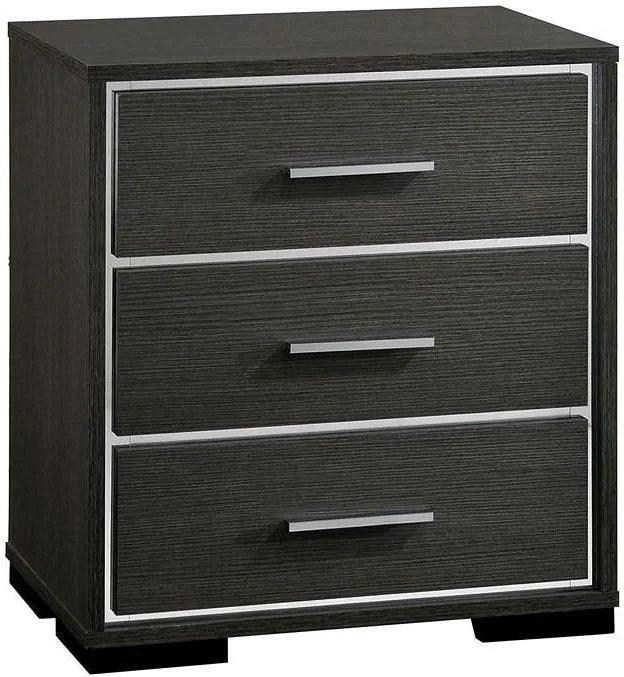 1x Nightstand Solid wood Warm Gray Sleek Modern Lines Chrome Trim Insert Contemporary Bedroom Furniture - 1st Choice Furniture Direct