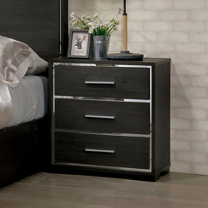 1x Nightstand Solid wood Warm Gray Sleek Modern Lines Chrome Trim Insert Contemporary Bedroom Furniture - 1st Choice Furniture Direct