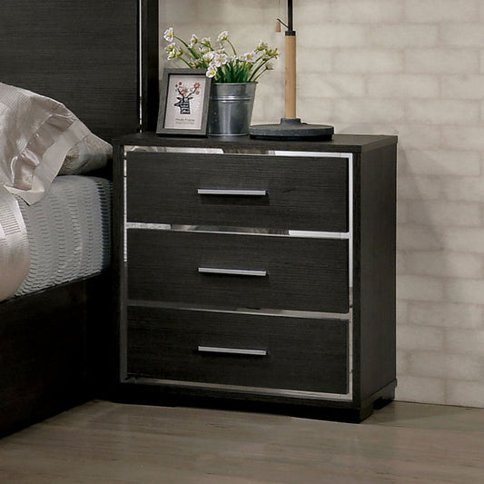 1x Nightstand Solid wood Warm Gray Sleek Modern Lines Chrome Trim Insert Contemporary Bedroom Furniture - 1st Choice Furniture Direct