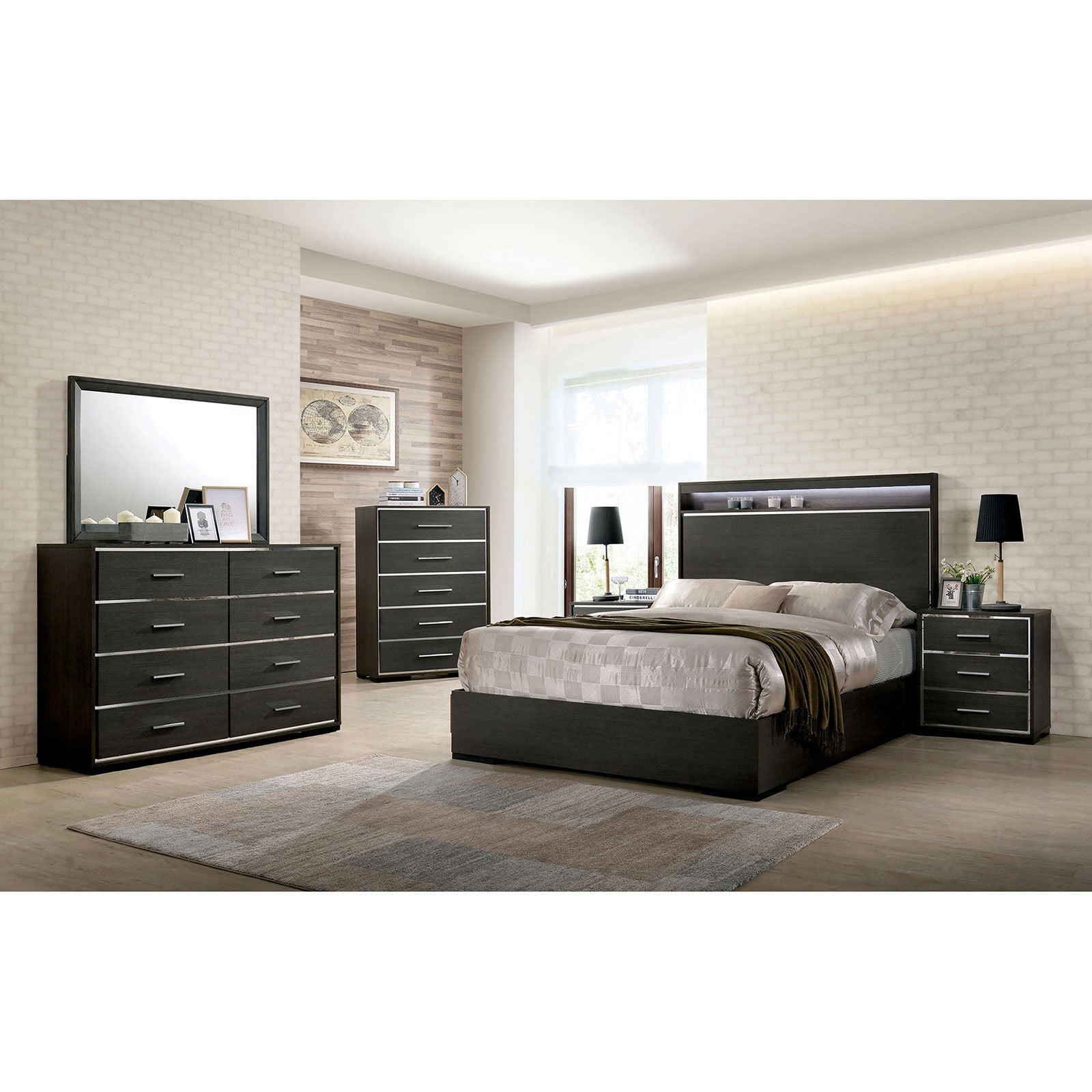 1x Nightstand Solid wood Warm Gray Sleek Modern Lines Chrome Trim Insert Contemporary Bedroom Furniture - 1st Choice Furniture Direct