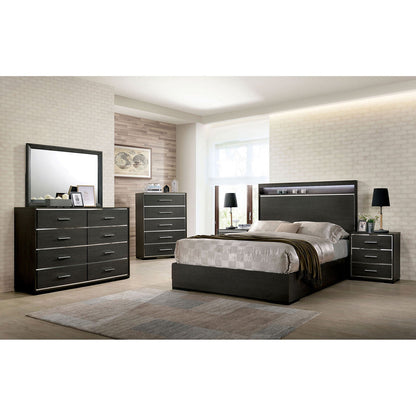 1x Nightstand Solid wood Warm Gray Sleek Modern Lines Chrome Trim Insert Contemporary Bedroom Furniture - 1st Choice Furniture Direct