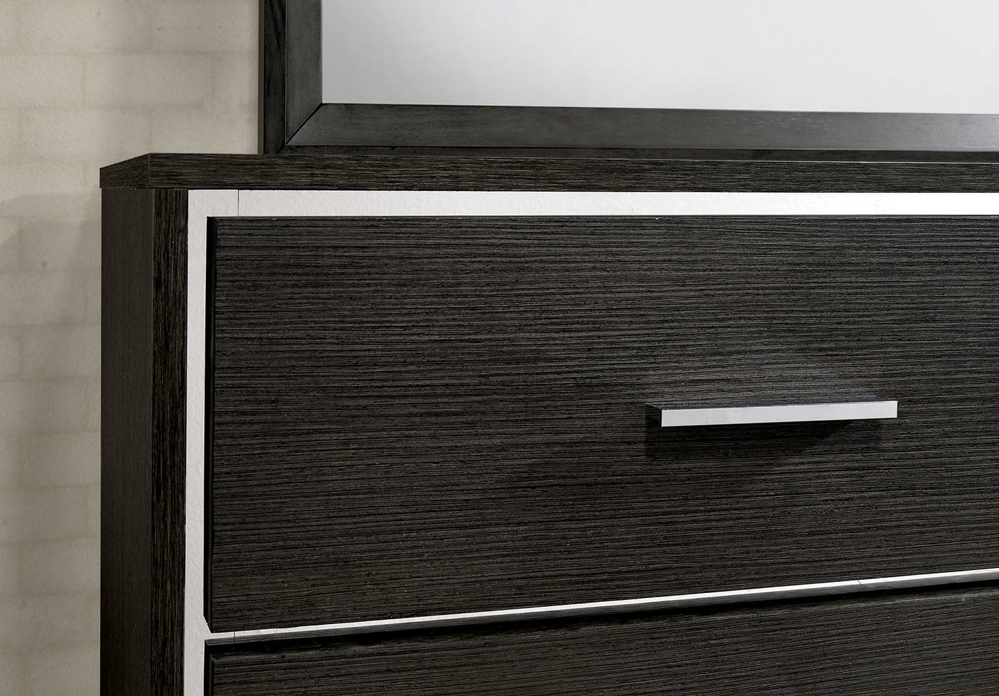 1x Nightstand Solid wood Warm Gray Sleek Modern Lines Chrome Trim Insert Contemporary Bedroom Furniture - 1st Choice Furniture Direct