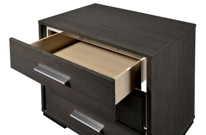 1x Nightstand Solid wood Warm Gray Sleek Modern Lines Chrome Trim Insert Contemporary Bedroom Furniture - 1st Choice Furniture Direct