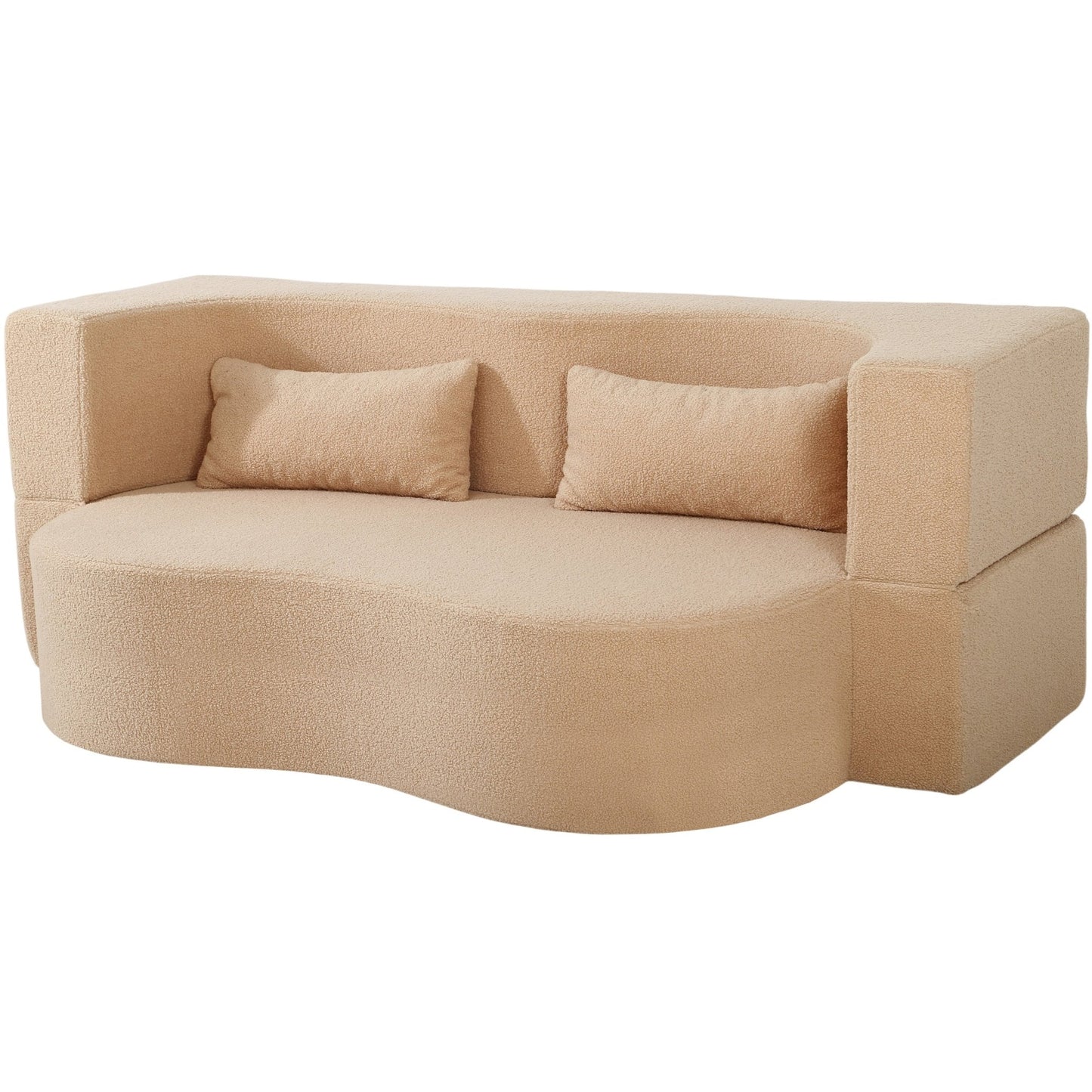 2 - in - 1 Convertible Sofa Bed, Full Size Folding Loveseat Couch with Soft Teddy Fabric, No Assembly Needed, Floor Sofa Mattress with 2 Pillows, Space - Saving Futon for Small Living Room, Dorm, RV,Apricot - 1st Choice Furniture Direct