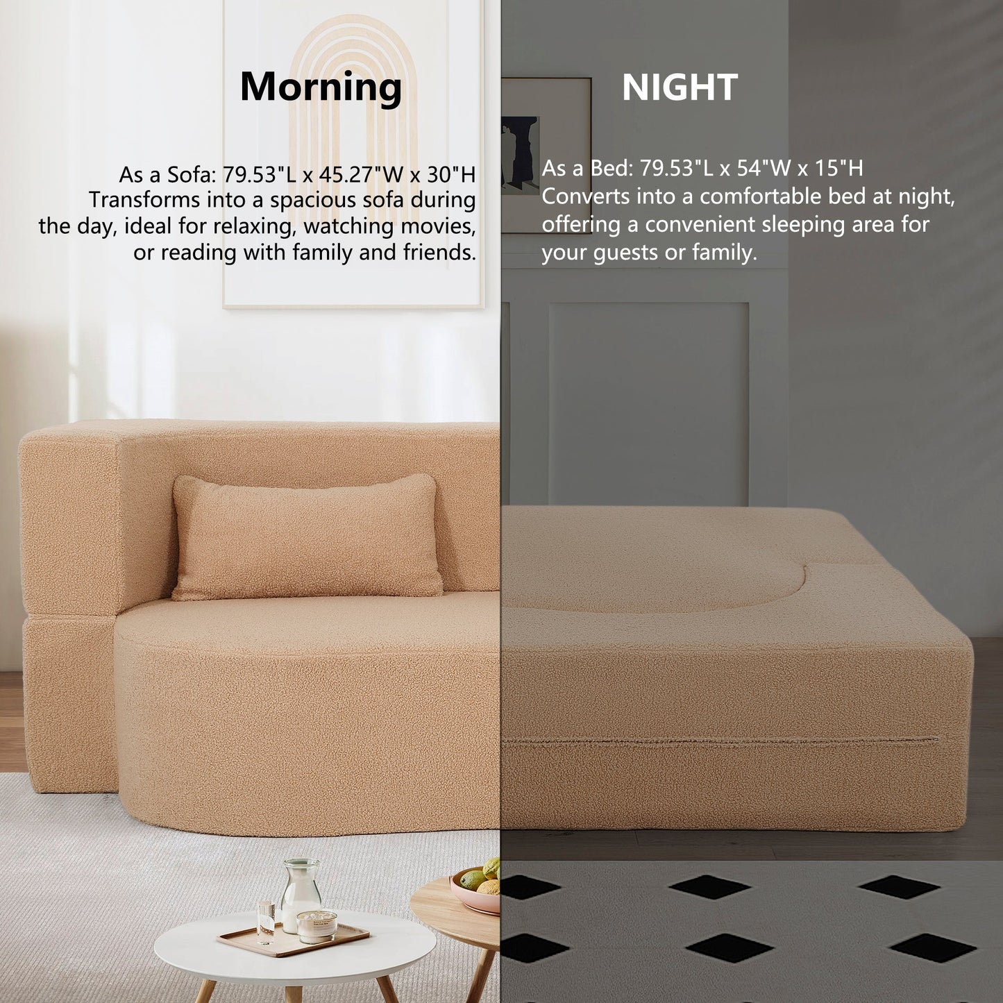 2 - in - 1 Convertible Sofa Bed, Full Size Folding Loveseat Couch with Soft Teddy Fabric, No Assembly Needed, Floor Sofa Mattress with 2 Pillows, Space - Saving Futon for Small Living Room, Dorm, RV,Apricot - 1st Choice Furniture Direct