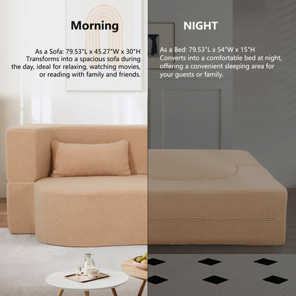 2 - in - 1 Convertible Sofa Bed, Full Size Folding Loveseat Couch with Soft Teddy Fabric, No Assembly Needed, Floor Sofa Mattress with 2 Pillows, Space - Saving Futon for Small Living Room, Dorm, RV,Apricot - 1st Choice Furniture Direct