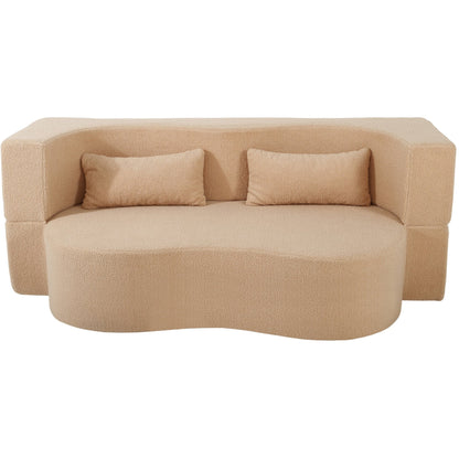 2 - in - 1 Convertible Sofa Bed, Full Size Folding Loveseat Couch with Soft Teddy Fabric, No Assembly Needed, Floor Sofa Mattress with 2 Pillows, Space - Saving Futon for Small Living Room, Dorm, RV,Apricot - 1st Choice Furniture Direct